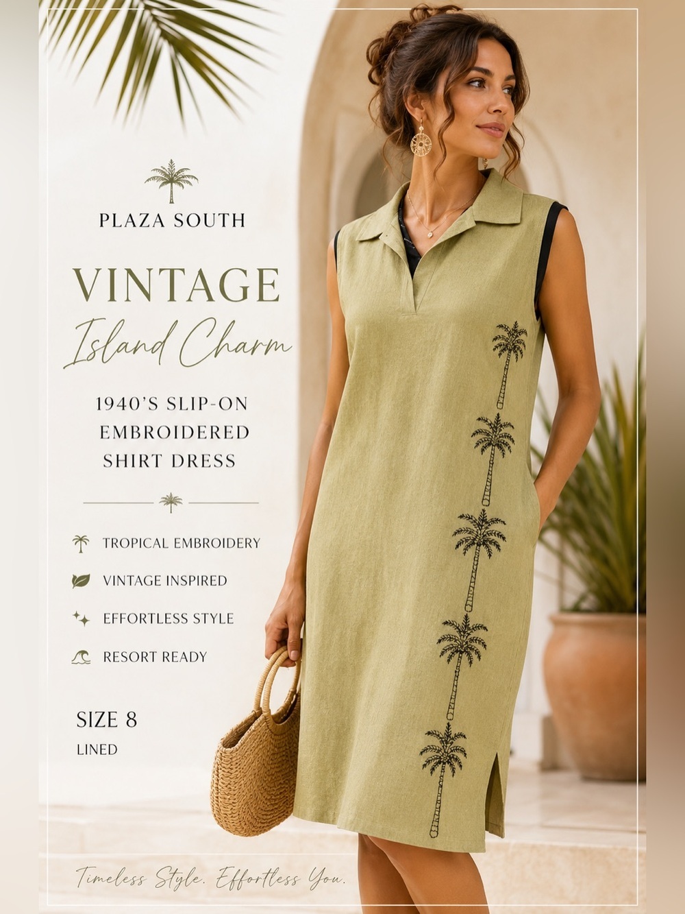 Vintage Palm Tree Embroidered Linen Blend Shift Dress | Coastal Resort Quiet Lux
